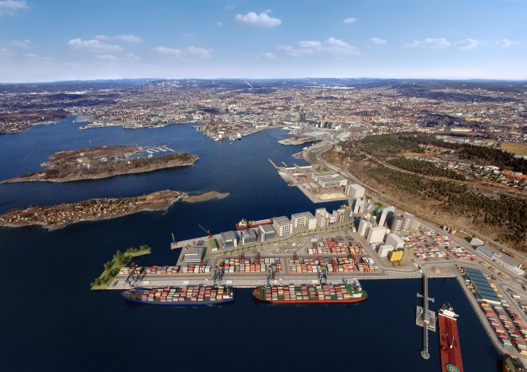 SLIK BLIR DET: Sjursøya containerterminal, slik den vil se ut når den er ferdigstilt. Det er den ytterste, vestre delen nederst til venstre på bildet som nå bygges ut. (Illustrasjon/modell: VisCo.no/Oslo Havn).