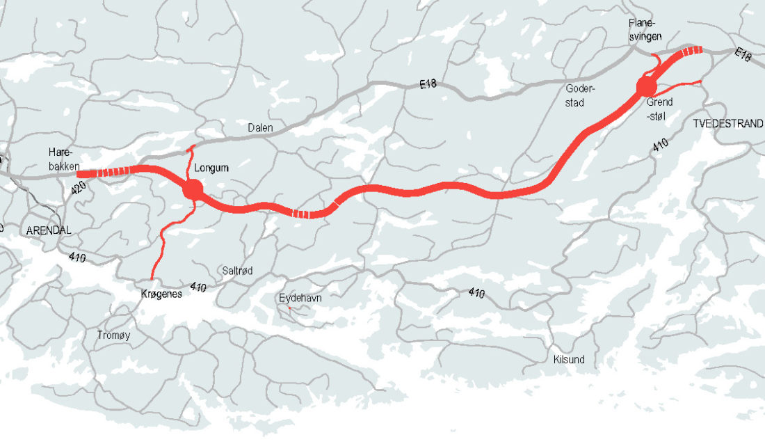 Den 23 kilometer lange strekningen er planlagt å være ferdig høsten 2019. (Illustrasjon: Nye Veier AS).