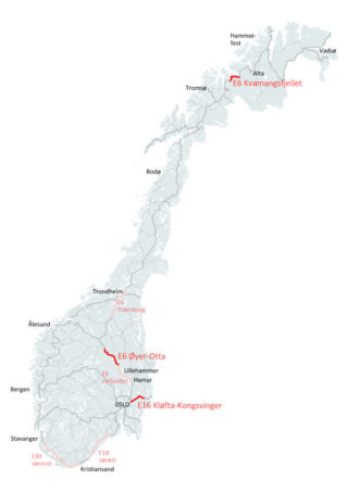 Kartet viser Nye Veiers eksisterende strekninger, samt de tre nye (i mørk rødt). (Illustrasjon: Nye Veier).