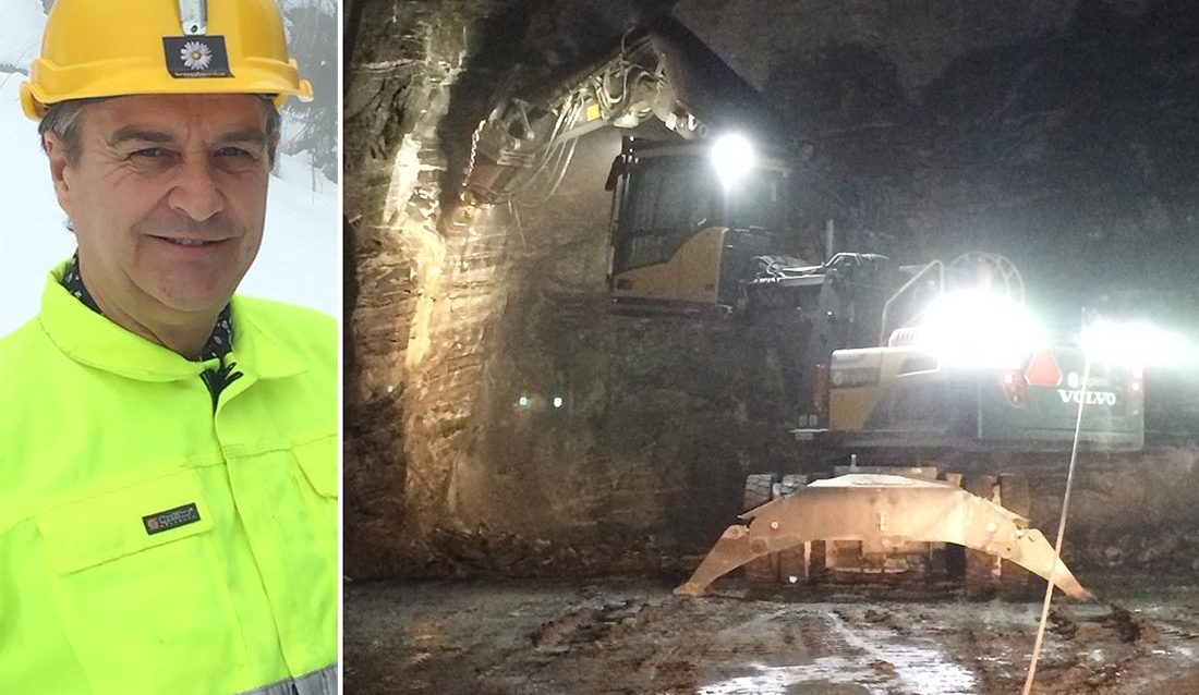 Knut W. Thoresen. T.h. tunnelpiggemaskin tilhørende Implenia Norge AS