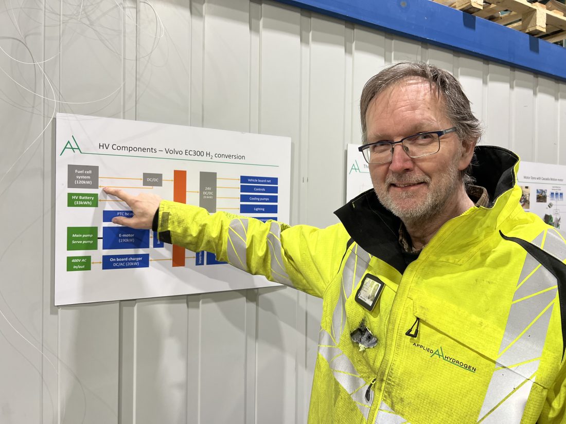 Vidar Sten-Halvorsen, daglig leder i Applied Hydrogen, med plansjen som beskriver hvordan komponentene i den hydrogen-drevne brenselcelle-graveren fungerer. (Foto: Njål Hagen)