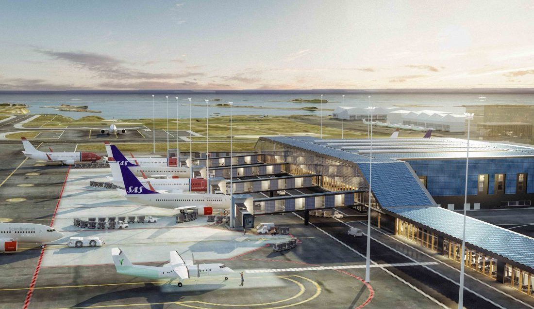 Den nye passasjerterminalen på nye Bodø lufthavn, slik den er fremstilt i forprosjektet. (Illustrasjon: Avinor/NorConsult/LPO/Archus)