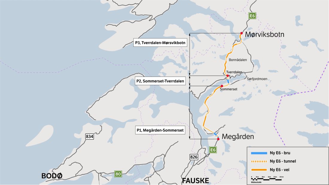 Kartet viser utbyggingsprosjektet E6 Megården-Mørsvikbotn med sine tre byggetrinn. (Illustrasjon: Statens vegvesen)