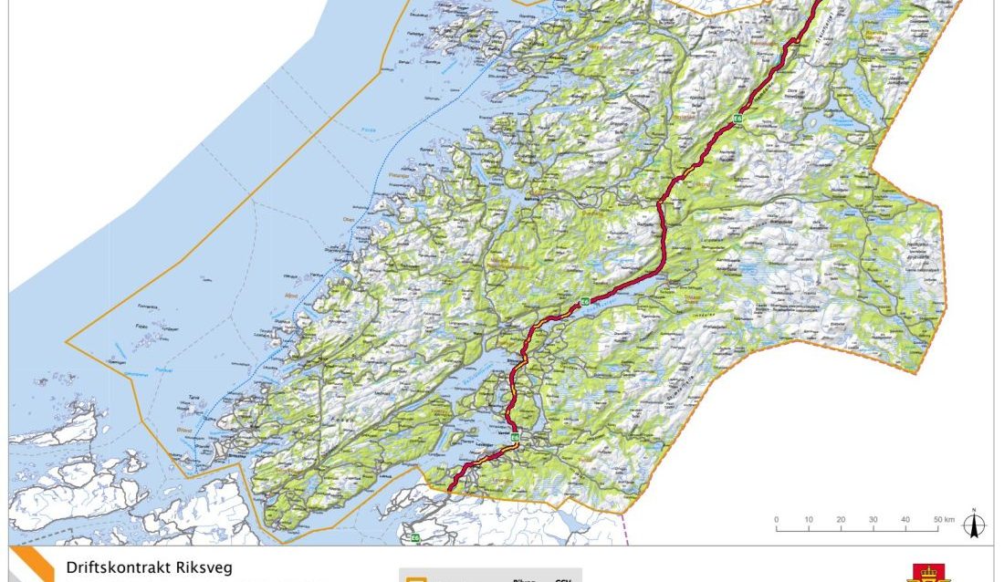 Kartet markerer strekningene i driftskontrakt riksvei 9406 Trøndelag nord. (Ill: Statens vegvesen)