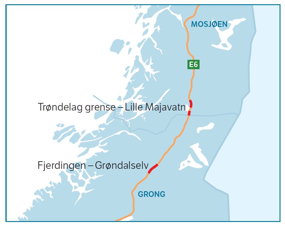 To åpninger, tre strekninger: Strekningene som ble åpnet fredag 18. oktober er markert med rødt. Legg merke til at parsellen i nord egentlig er delt i to. E6 Trøndelag grense-Majahaugen (4,1 km) og E6 Flyum-Lille Majavatn (6,7 km). Forenklet til E6 Trøndelag grense-Lille Majavatn. (Illustrasjon: Statens vegvesen)