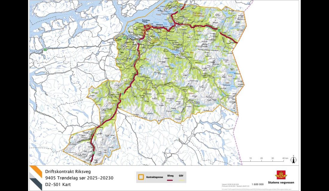 Kart som markerer strekningene i driftskontrakt "Riksvei 9405 Trøndelag sør 2025-2030". (Kart: Statens vegvesen)