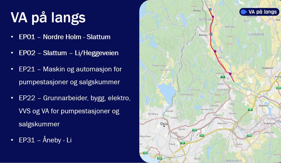 Illustrasjonen viser hvor vann- og avløpsledningene legges. De to blå prikkene er pumpestasjoner, mens de tre lilla er salgskummer. (Illustrasjon: WSP)