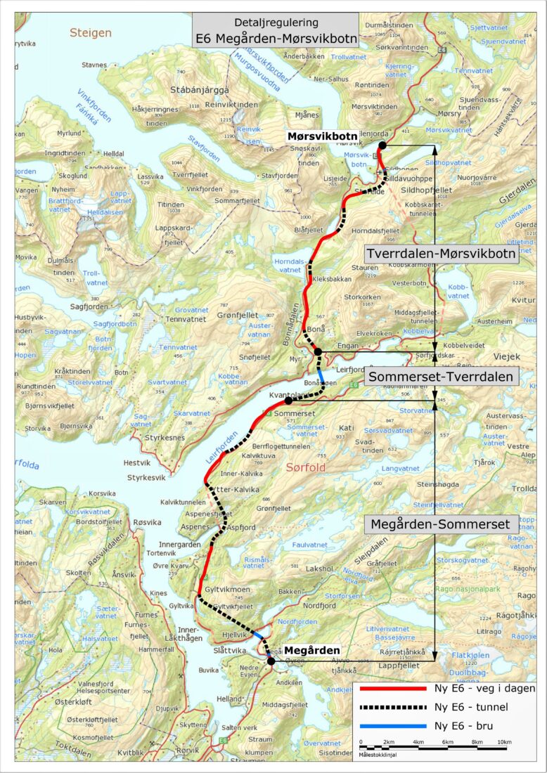 Tre trinns utbygging: Statens vegvesen skal bygge ny E6 på Strekningen Megården-Mørsvikboten. Byggetrinn 1 har forventet byggestart i 2025. (Illustrasjon: Statens vegvesen)