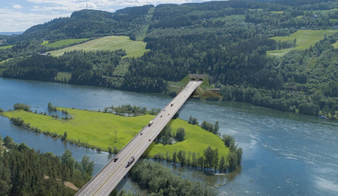 Mellom krysset i Øyresvika og Lågen bro ved Trosset, er det planlagt en 4,2 km lang tunnel, kalt Vingnestunnelen. Tunnelen vil ha to løp, ett for hver kjøreretning, med nødutganger som gangbare tverrforbindelser mellom løpene. E6 og tunnelen blir smalere enn det som var opprinnelig planlagt. Det sparer 40 dekar med landbruksjord, skog og strandsone som ellers ville blitt påvirket av utbyggingen. (Illustrasjon: Nye Veier/Norconsult)