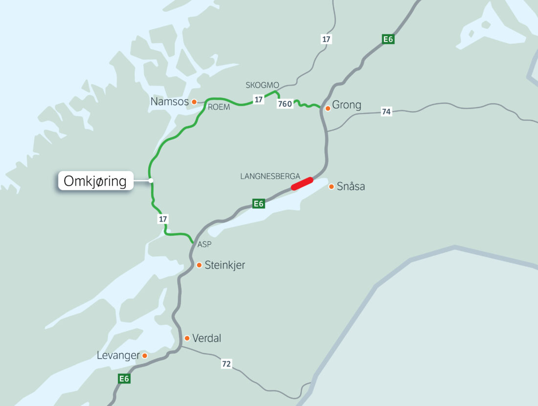 Kart som viser omkjøringen. (Illustrasjon: Statens vegvesen)