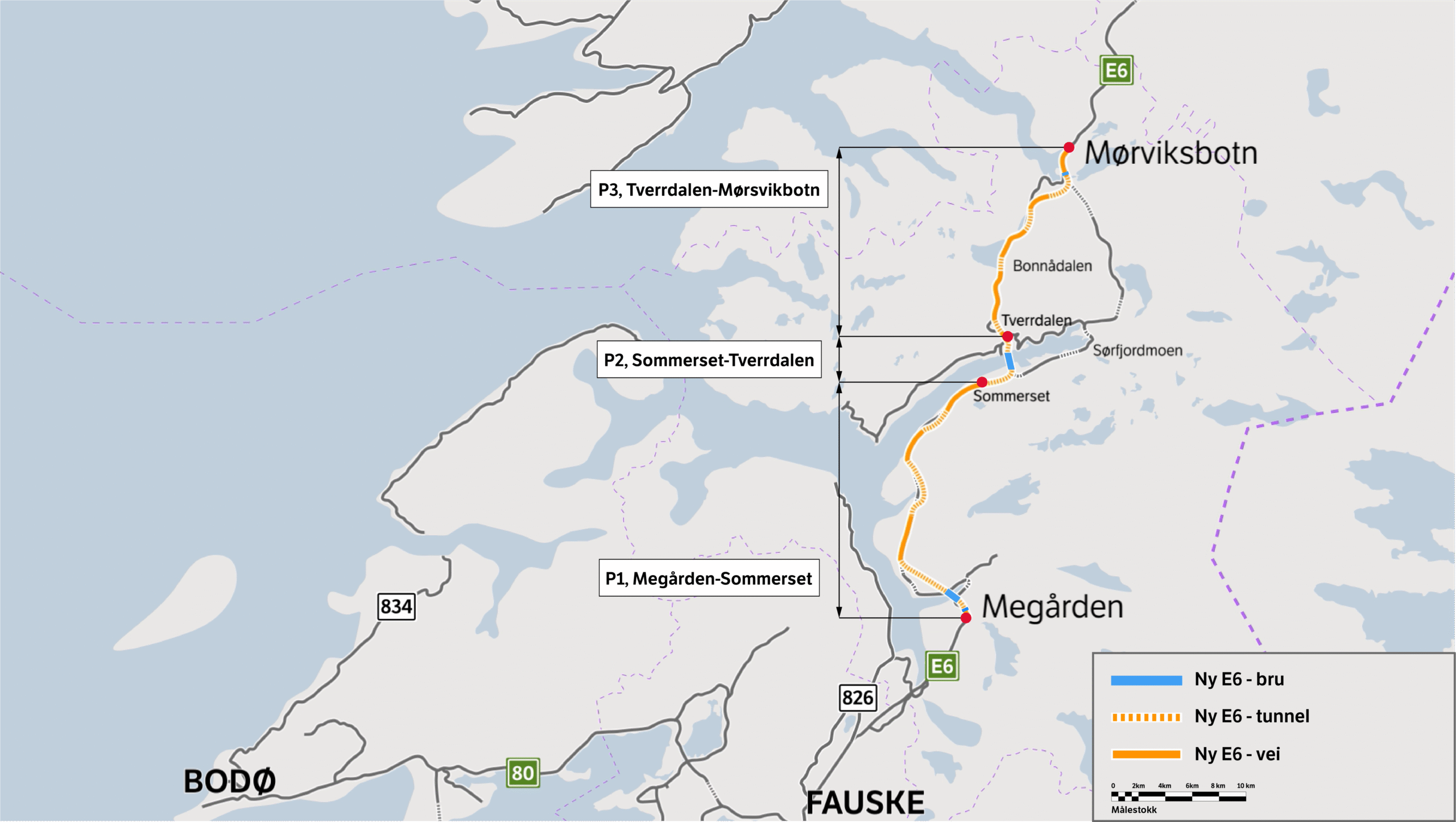 Strekningen Megården-Somerset (P1) er første del av det store prosjektet E6 Megården-Mørsvikbotn. P2 med bro over Sørfjorden og P3 med ny vei gjennom Bonnådalen utgjør byggetrinn to. (Illustrasjon: Statens vegvesen)