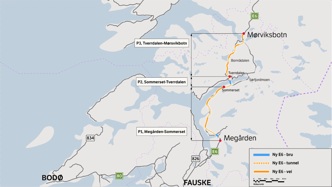 Strekningen Megården-Somerset (P1) er første del av det store prosjektet E6 Megården-Mørsvikbotn. P2 med bro over Sørfjorden og P3 med ny vei gjennom Bonnådalen utgjør byggetrinn to. (Illustrasjon: Statens vegvesen)