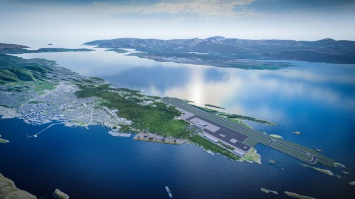 Omtrent slik vil det se ut når flyplassen er flyttet ca. én kilometer mot sørvest og ut mot havet. (Illustrasjon: Asplan Viak