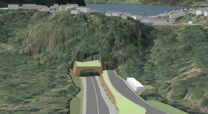 Illustrasjon av ny veitunnel på Helle i retning vest. Dette er en av stedene der det skal utføres sikringsarbeid over området der ny veitunnel mellom Helle og Vaksdal skal sprenges ut. Til høyre er Lågaskartunnelen i retning Stanghelle på dagens E16. (Illustrasjon: Statens vegvesen)|Prosjektleder i Fellesprosjektet Arna-Stanghelle Kari Bremnes. (Foto: Statens vegvesen)