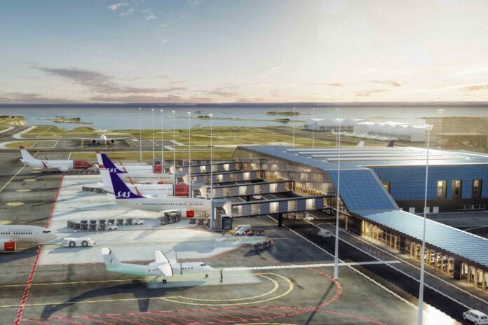 Den nye passasjerterminalen på nye Bodø lufthavn, slik den er fremstilt i forprosjektet. (Illustrasjon: Avinor/NorConsult/LPO/Archus)