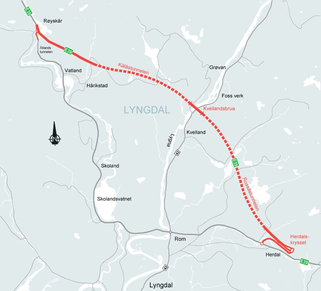 Ny E39 gjennom Lyngdal flytter trafikken bort fra tettbebygd strøk. (Illustrasjon: Nye Veier)