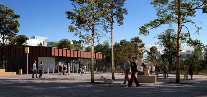 Illustrasjon av Lysaker T-banestasjon, ved arkitektfirmaene Asplan Viak, Longva arkitekter og ARUP.