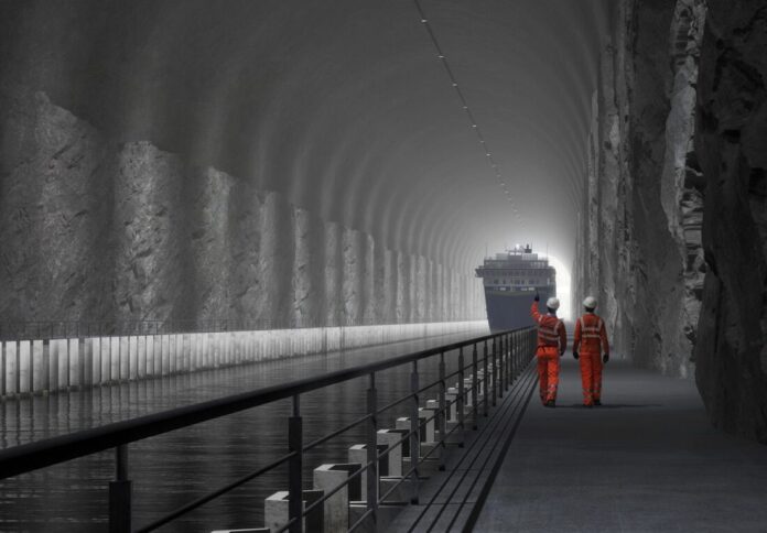 Den 10. juni vet Kystverket omtrentlig hva Stad skipstunnel vil koste. Da kommer de første tilbudene inn. En viktig milepæl i prosjektet. (Illustrasjon: Kystverket/Snøhetta/Plomp)