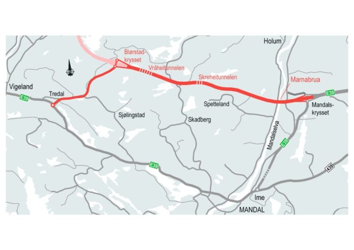 Bildet viser veilinjen fra Mandalskrysset (til høyre i kartet) til Blørstad. (Kart: Nye Veier)