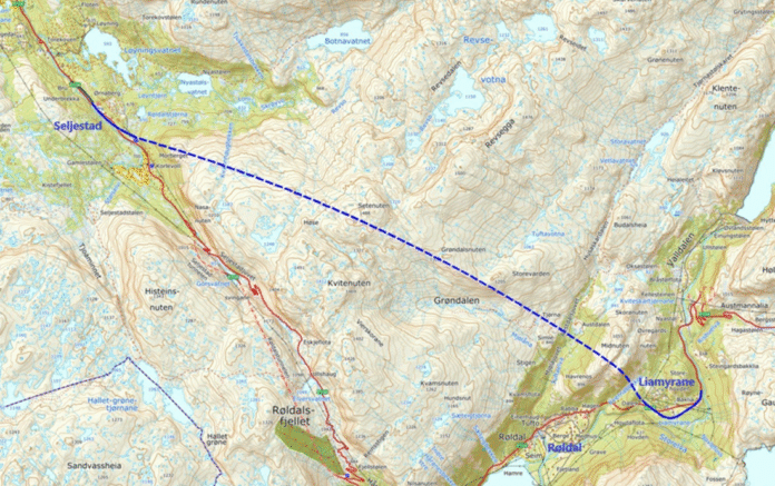 Kartet viser hvor den nye E134 mellom Røldal og Seljestad skal gå. (Illustrasjon: Statens vegvesen)