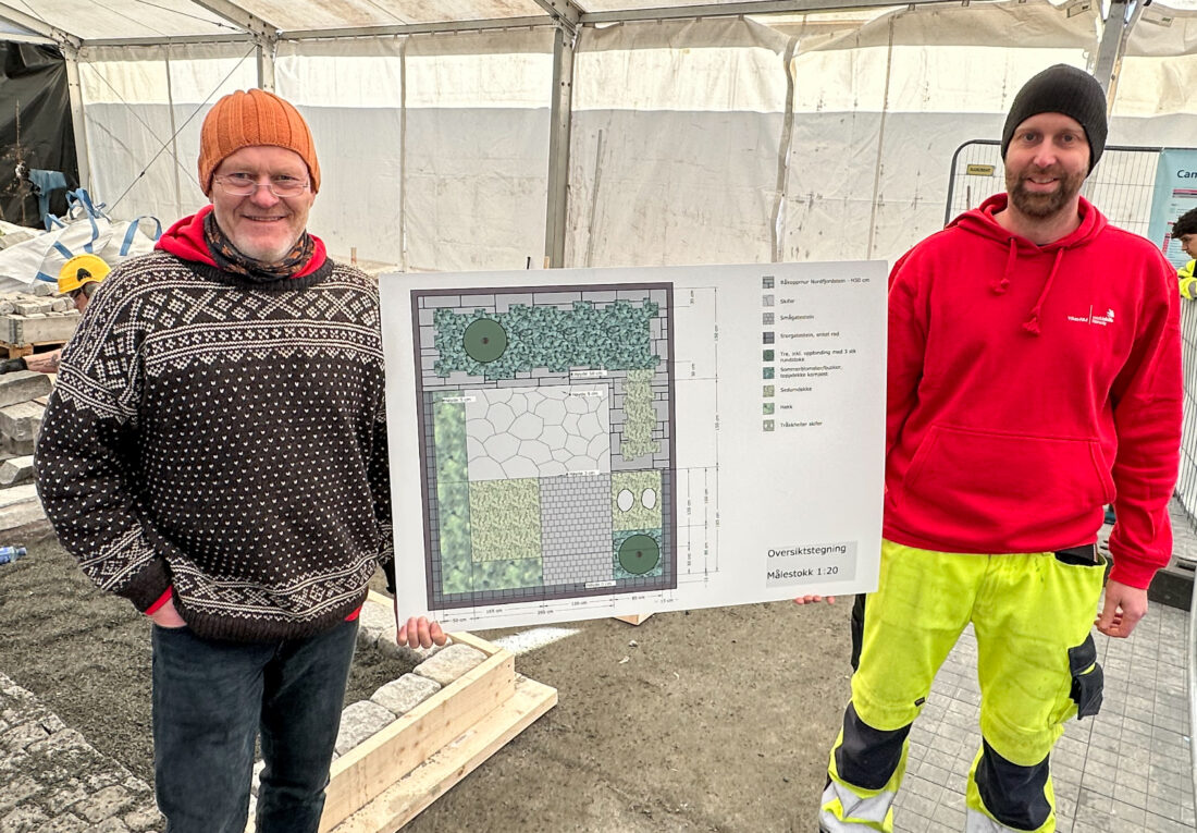 Kai Raundalen (t.v.), lærer i anleggsgartnerfaget ved Gjennestad skole, og Stian Eikevik i OKAB Hordaland og Nord-Rogaland. Her viser de fram tegningen av anleggsgartneroppgaven. (Foto: Runar F. Daler)