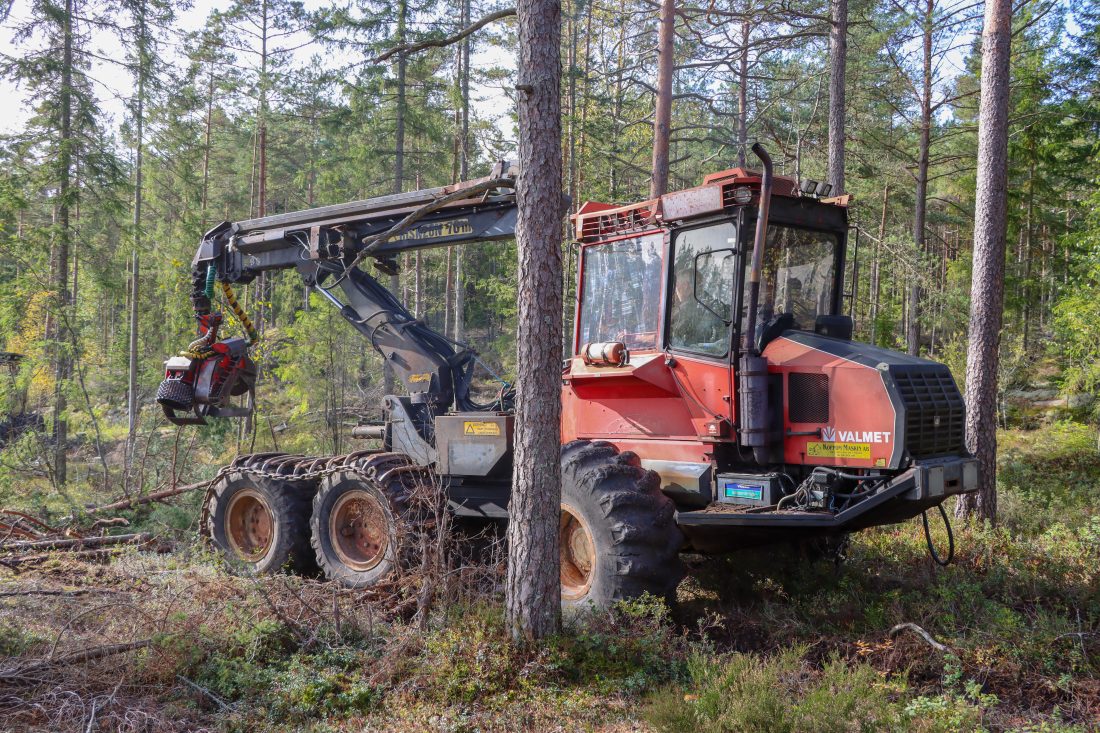 Volvo BM Valmet 862 var en av de første maskinene med ett-greps aggregat. Krana har en rekkevidde på 9,5 meter. (Foto: Njål Hagen)