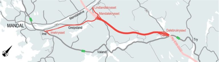 VEITRASEEN: Dette er traseen som bygges ut, Mandal Øst-Mandal by (Illustrasjon: Nye Veier).