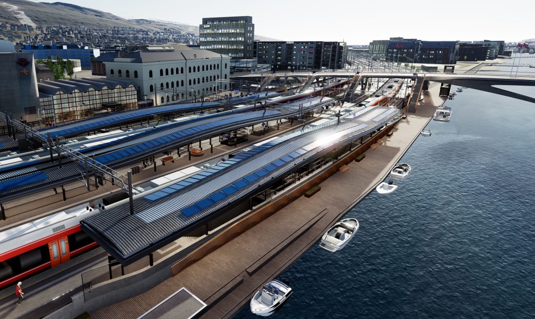 Slik vil Drammen stasjon se ut når det nye dobbeltsporet åpner i 2025. (Illustrasjon: Norconsult og Baezeni)