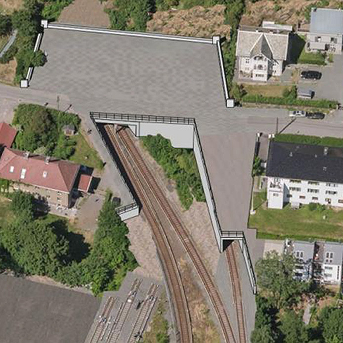 Illustrasjon av Fornebubanens påkobling ved Volvat. (Foto: Fornebubanen)