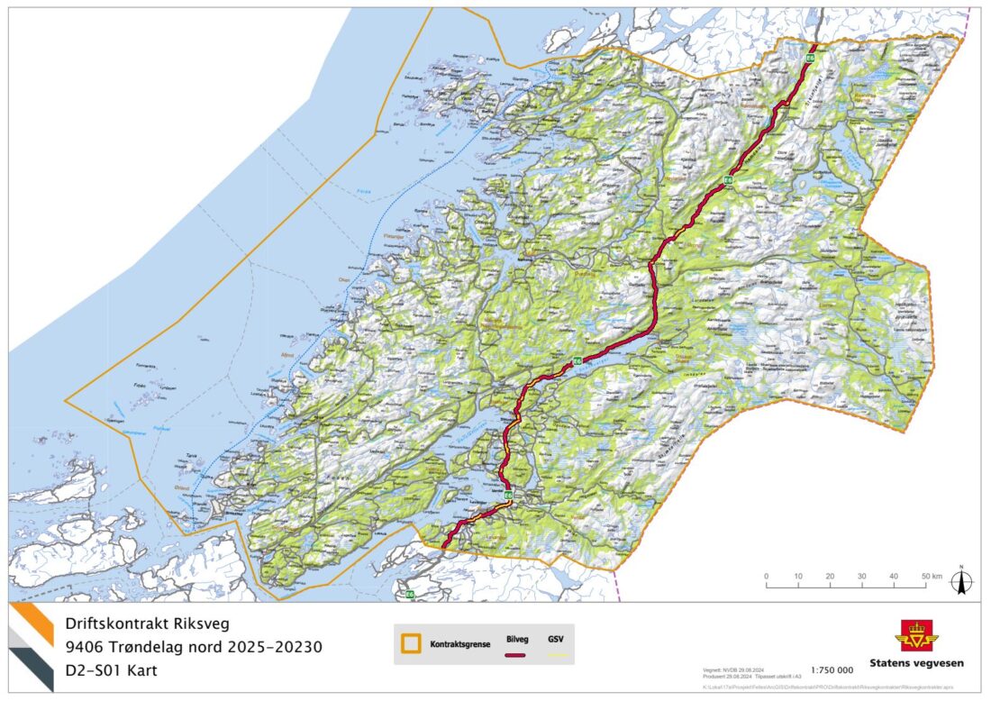 Kartet markerer strekningene i driftskontrakt riksvei 9406 Trøndelag nord. (Kart: Statens vegvesen)