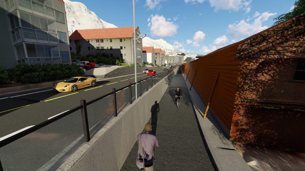 Gående og syklende får adskilte tilbud langs strekningen. Illustrasjonen viser sykkelvei langs reperbanen sett fra nord mot sør, retning Bergen sentrum. Tilbud for gående blir på baksiden av Reperbanen mot Byfjorden. (Illustrasjon: Statens vegvesen)