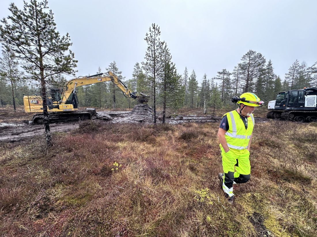 Frank Murland i Anlegg Øst entreprenør frakter myrmassene inn på den tørrlagte myra. En annen gausdøl, Amund Blikken, legger ut myrmassene i grøftene. Anleggsveien skal dekkes med topptorv fra riksvei 4 prosjektet. (Foto: Per Kollstad/Statens vegvesen)