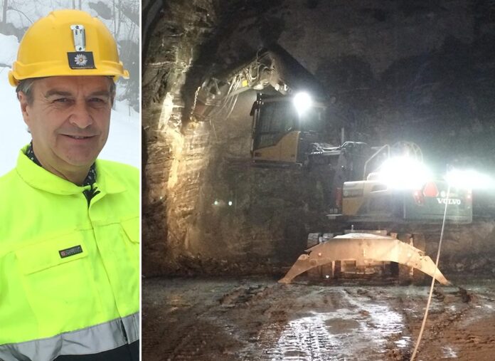 Knut W. Thoresen. T.h. tunnelpiggemaskin tilhørende Implenia Norge AS