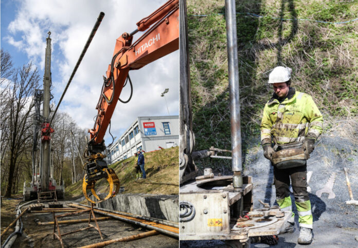 Ved Føyka stadion i Asker bores Norges dypeste energibrønn. Borebas/anleggsleder Jonas Hansen trekker opp borestrengen ved hjelp av fjernstyring, for å skifte borekrone. (Foto: Runar F. Daler).