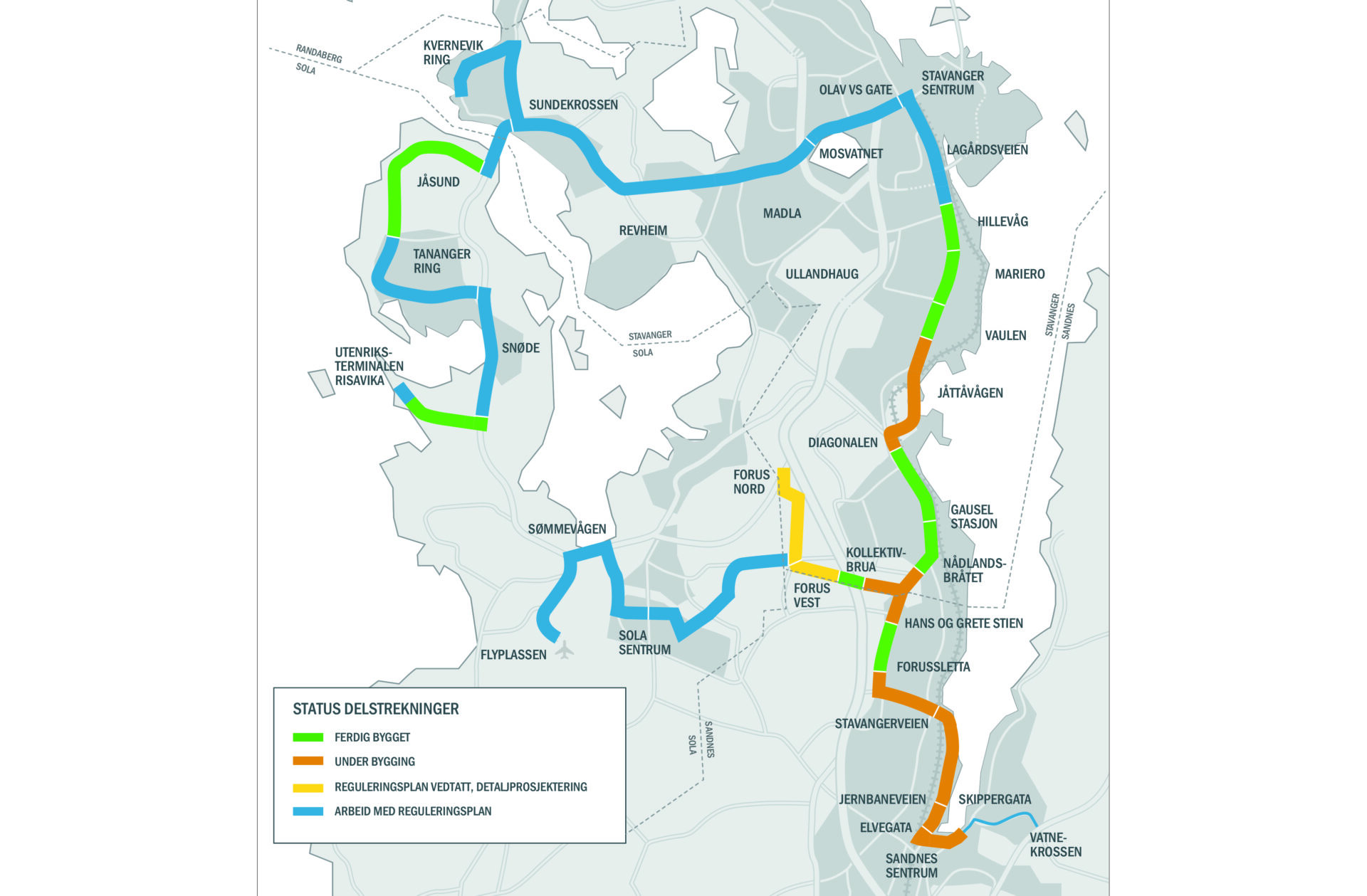 Den gule linjen viser strekningen fra Forus vest til Forus nord. Det er anbudskonkurransen for denne delstrekningen som nå er avlyst. (Illustrasjon: Rogaland fylkeskommune)