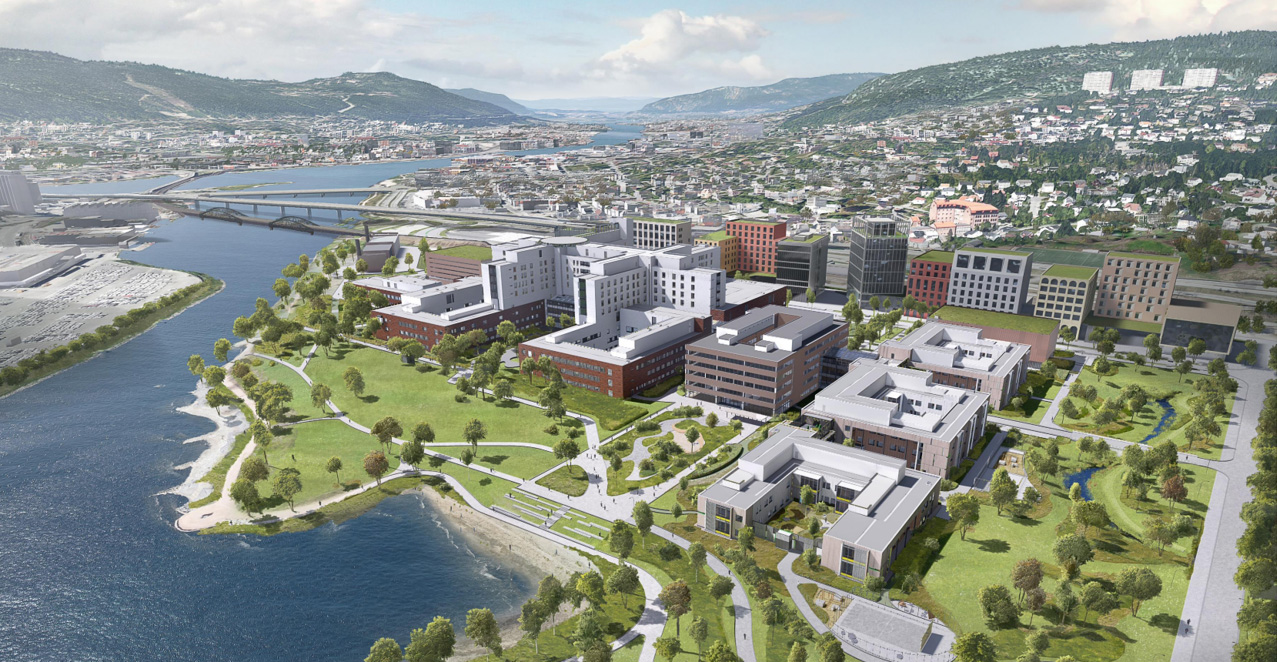 I tilknytning til sykehuset bygger Agaia også Fjordparken for Drammen kommune, et prosjekt verdt rundt 30 millioner kroner. Arbeidene startet i august, og parken skal stå ferdig og overleveres innen 1. juni 2026. (Illustrasjon: Agaia)