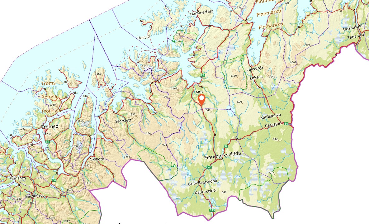 Kløfta: Markert i kartet sør for Alta. E45 fra Alta og sørover mot Kautokeino og Finland er en viktig ferdselsåre både for person og godstrafikk i Finnmark. (Illustrasjon: Statens vegvesen)