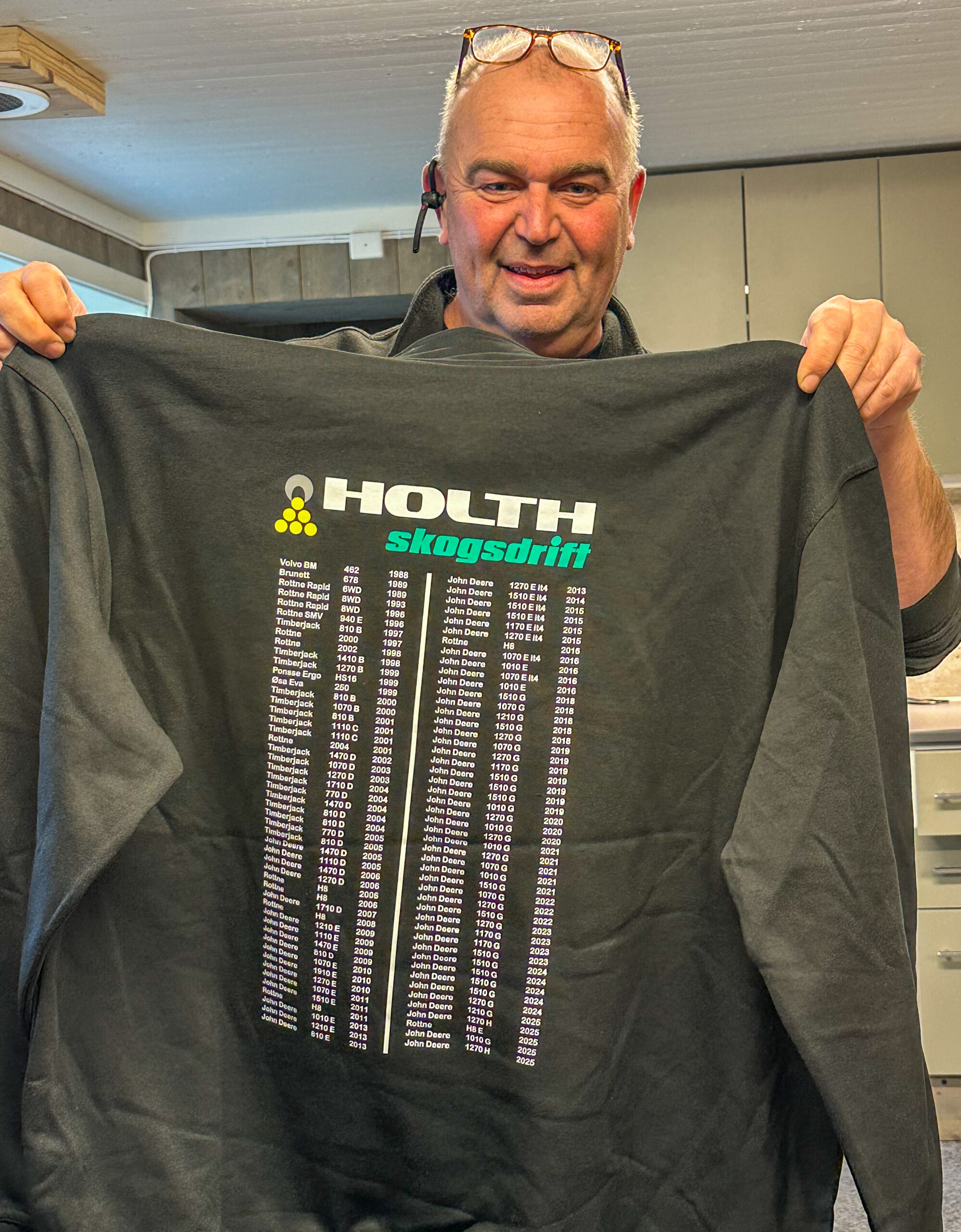 Jan Birger Holth trykker opp gensere med alle skogsmaskinene han har hatt. Denne er ny, og viser maskinhistorikken helt fra 1988 til 2025. (Foto: Runar F. Daler)