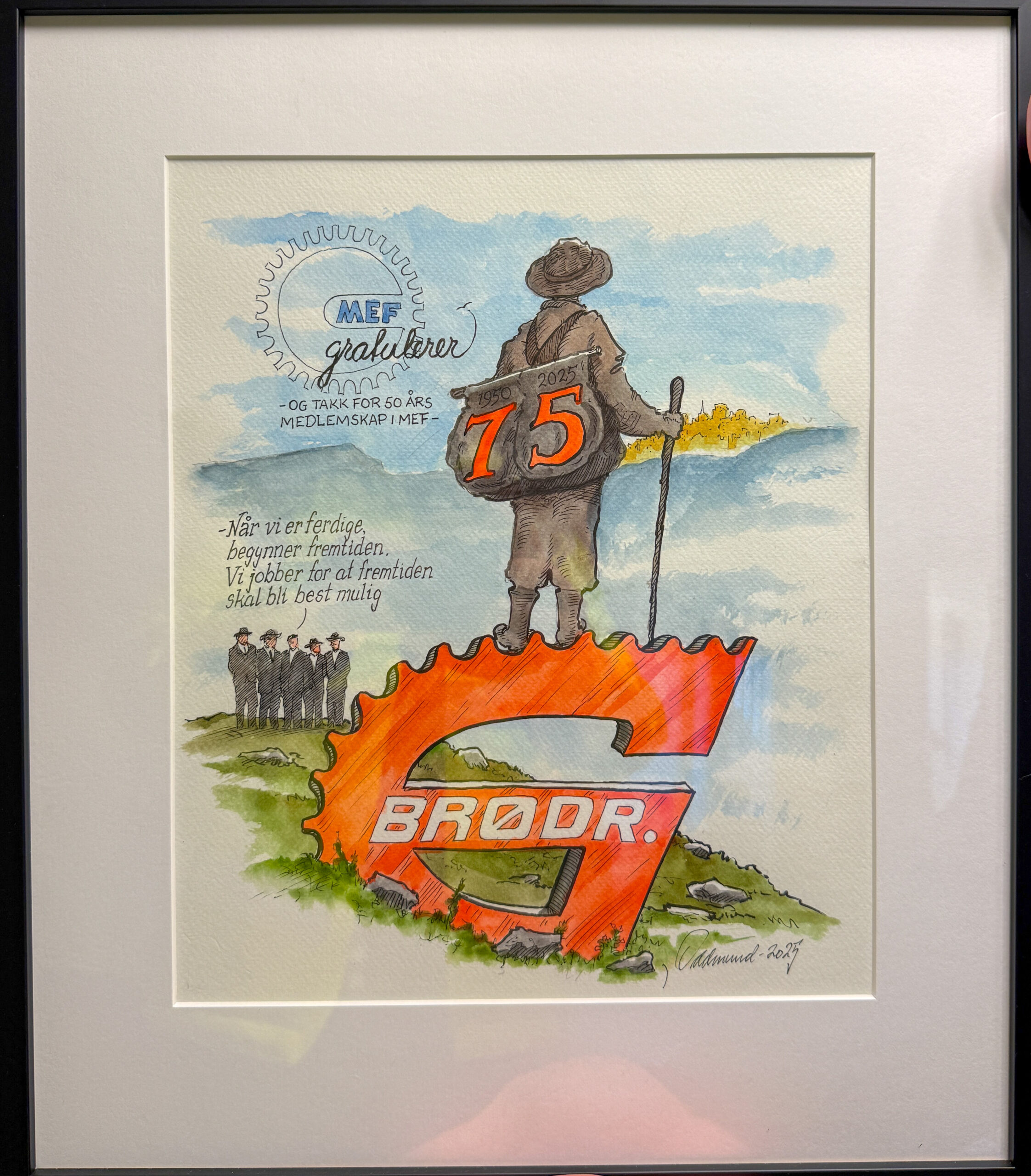 Tegningen ble gitt i gave fra MEF da selskapet feiret 75 års jubileum og samtidig hadde vært medlem av MEF i 50 år. (Foto: Njål Hagen)