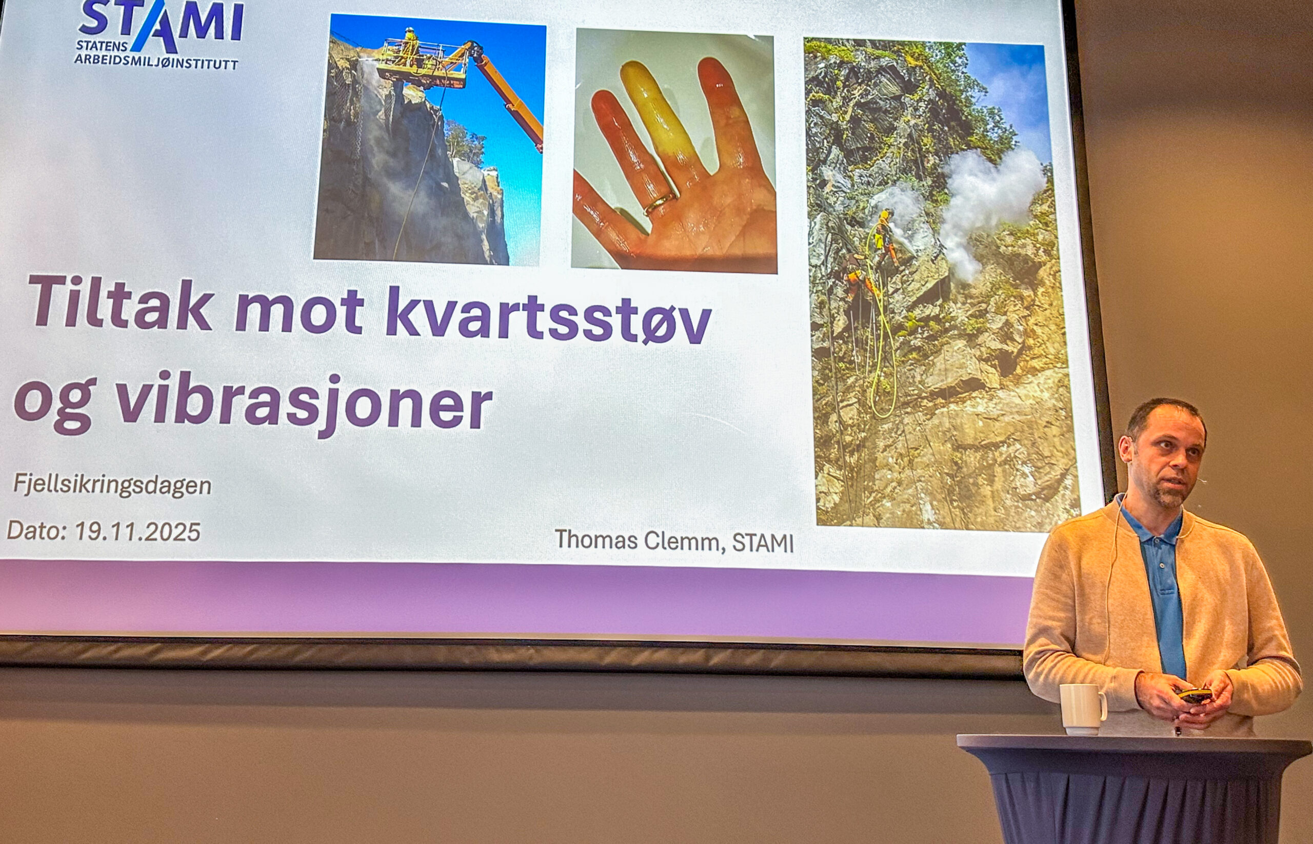 Det jobbes med en ny bransjeveileder for kvartsstøv, som sannsynligvis kommer i første kvartal 2026, sa Thomas Clemm fra Statens Arbeidsmiljøinstitutt (Stami). (Foto: Runar F. Daler)