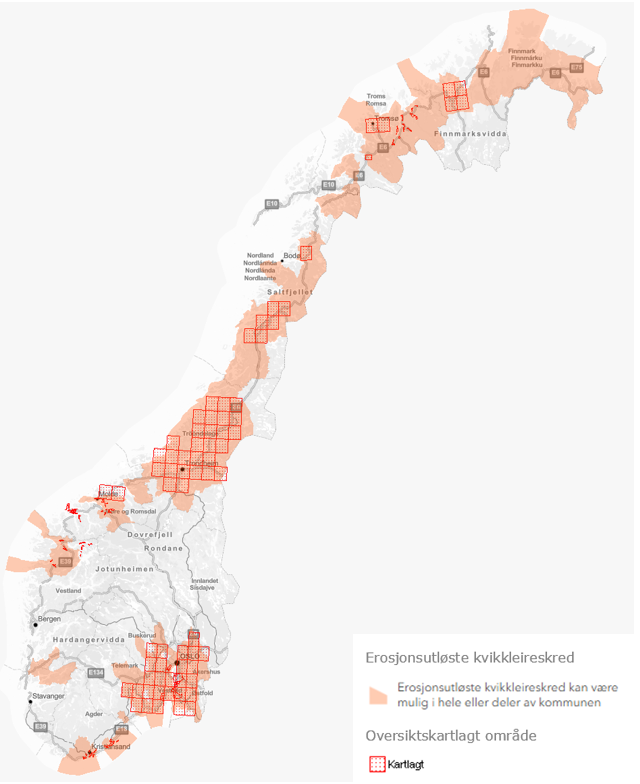Kartet viser hvilke områder i Norge hvor det kan være en mulighet for erosjonsutløste kvikkleireskred. Firkantene viser hvilke områder som allerede er kartlagt. (NVE)