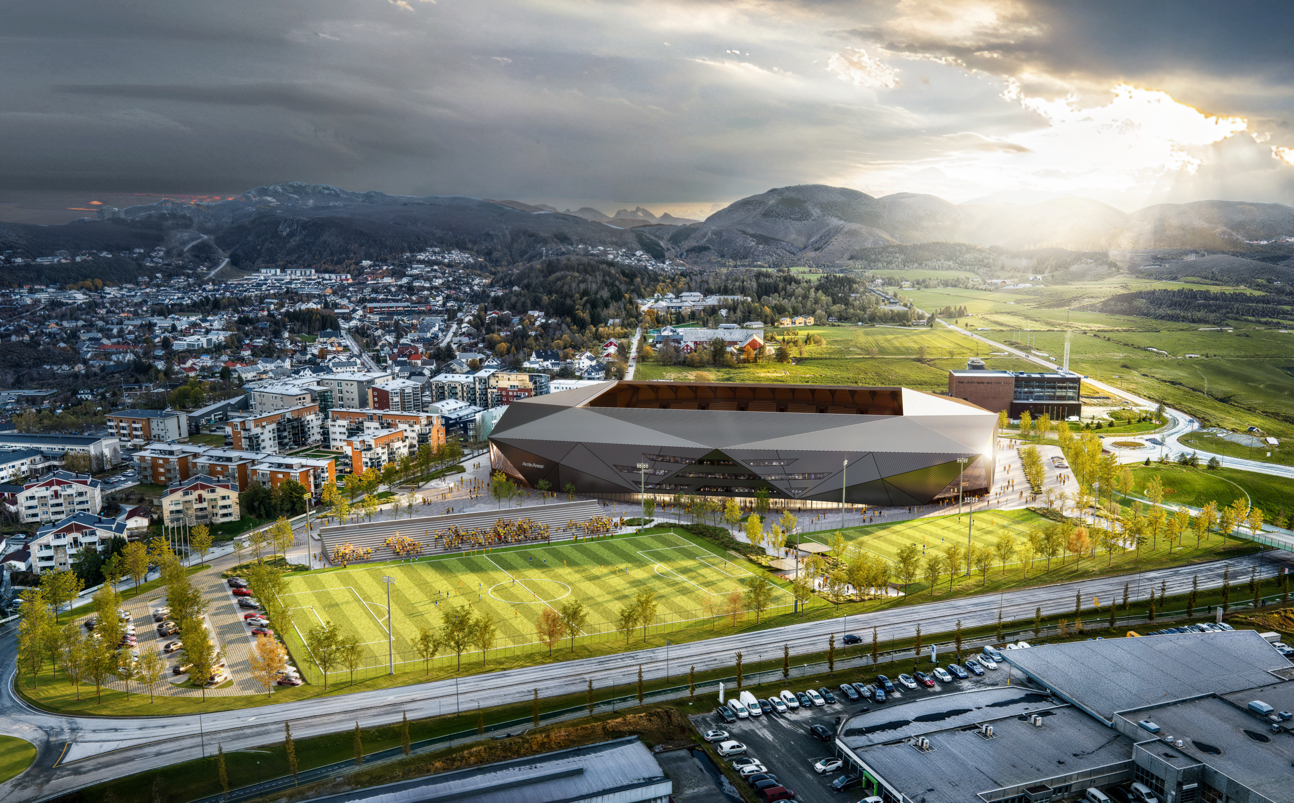 Omtrent slik vil det se ut når den nye arenaen står ferdig høsten 2027. (Illustrasjon: Nordic Office of Architecture)