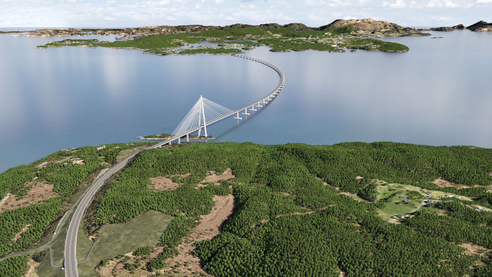 E39 Ådland-Svegatjørn. Broa over Bjørnafjorden blir på ca. 5,5 km og er planlagt som en kombinasjon av sideforankret flytebro og skråkabelbro. Broa går fra Kaldafoss nord på Reksteren i Tysnes kommune til Gulholmane sør for Røtinga i Bjørnafjorden kommune, der veien fortsetter i en 7,7 km lang tunnel. Broa blir Norges lengste. Kilde: Statens vegvesen/COWI (Illustrasjon: Statens vegvesen)